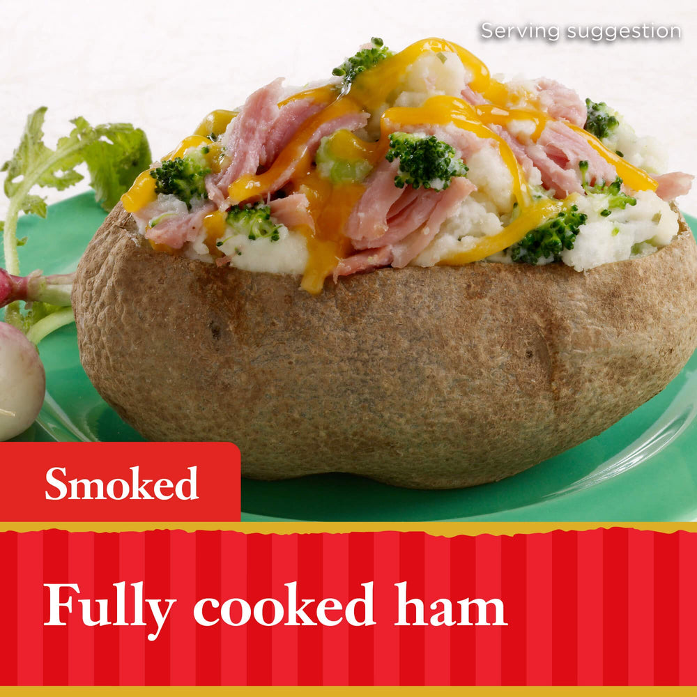 HORMEL smoked ham open can with chunky bites visible, ready-to-eat convenience for meals