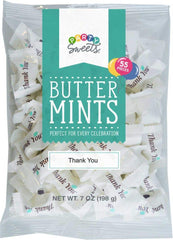Hospitality Mints close-up of individual thank-you wrappers highlighting hygienic single-serve benefit