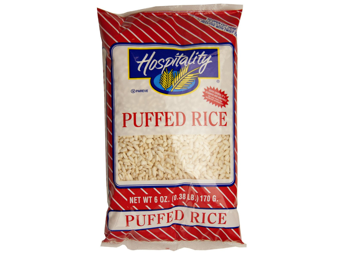 Hospitality puffed rice front packaging showing three resealable bags and crisp texture benefit