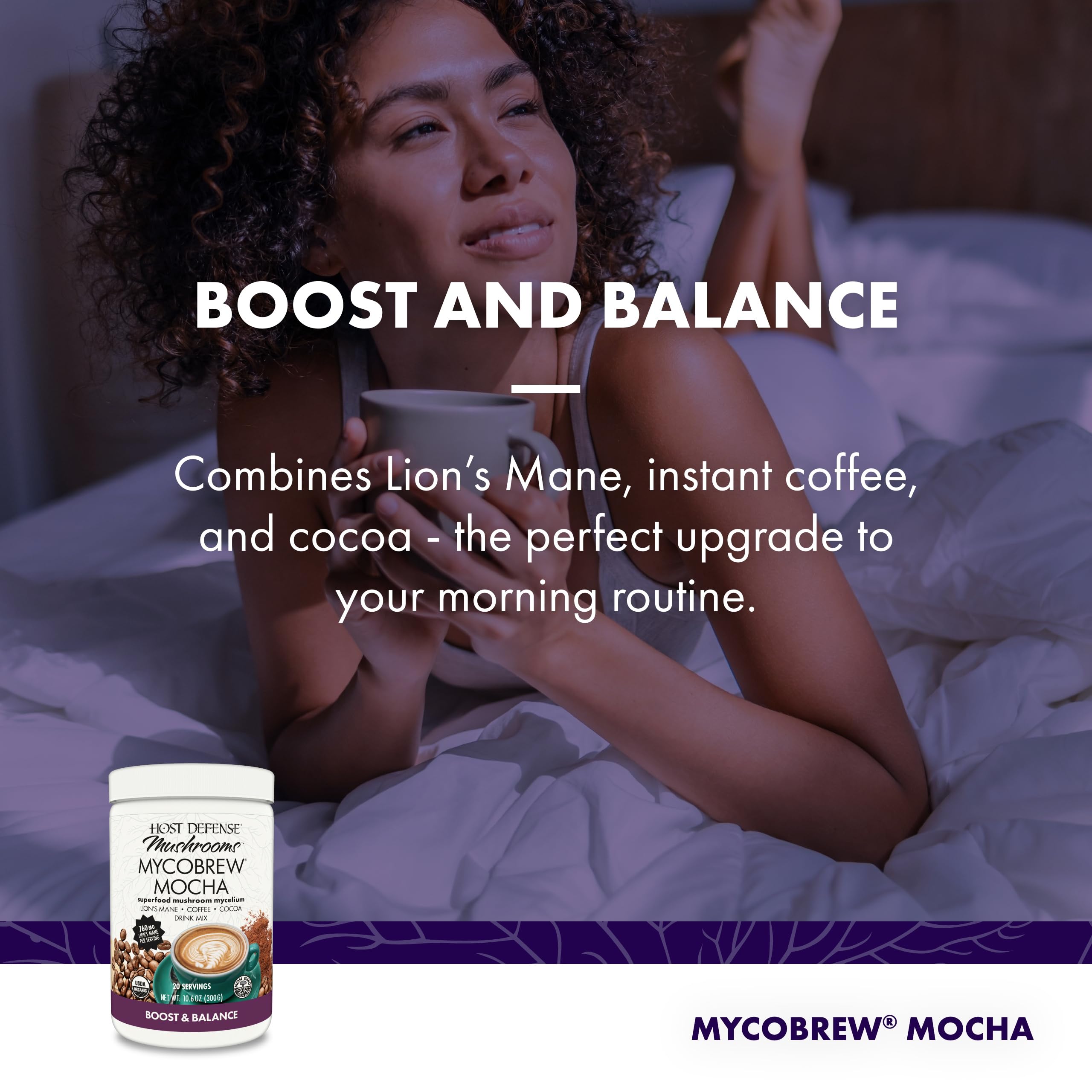 Hot prepared Host Defense MycoBrew Mocha in a mug for quick mornings