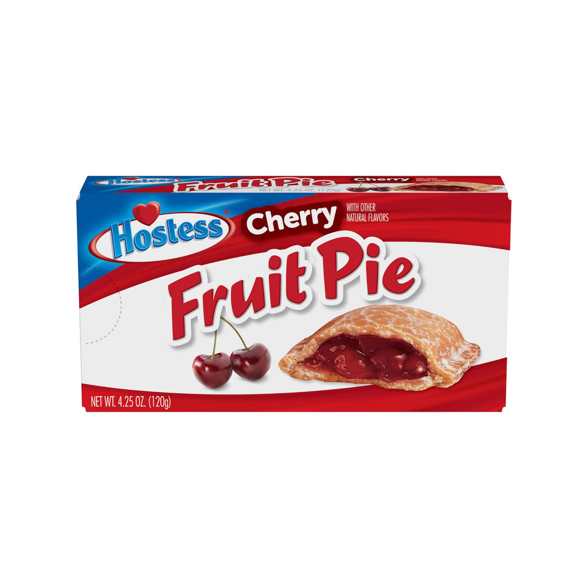 Hostess box front view showing cherry fruit pies and brand, convenient grab-and-go