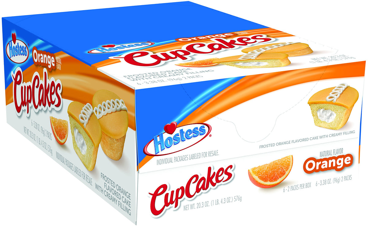 Hostess front packaging showing six orange cupcakes and convenience