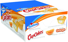 Hostess front packaging showing six orange cupcakes and convenience