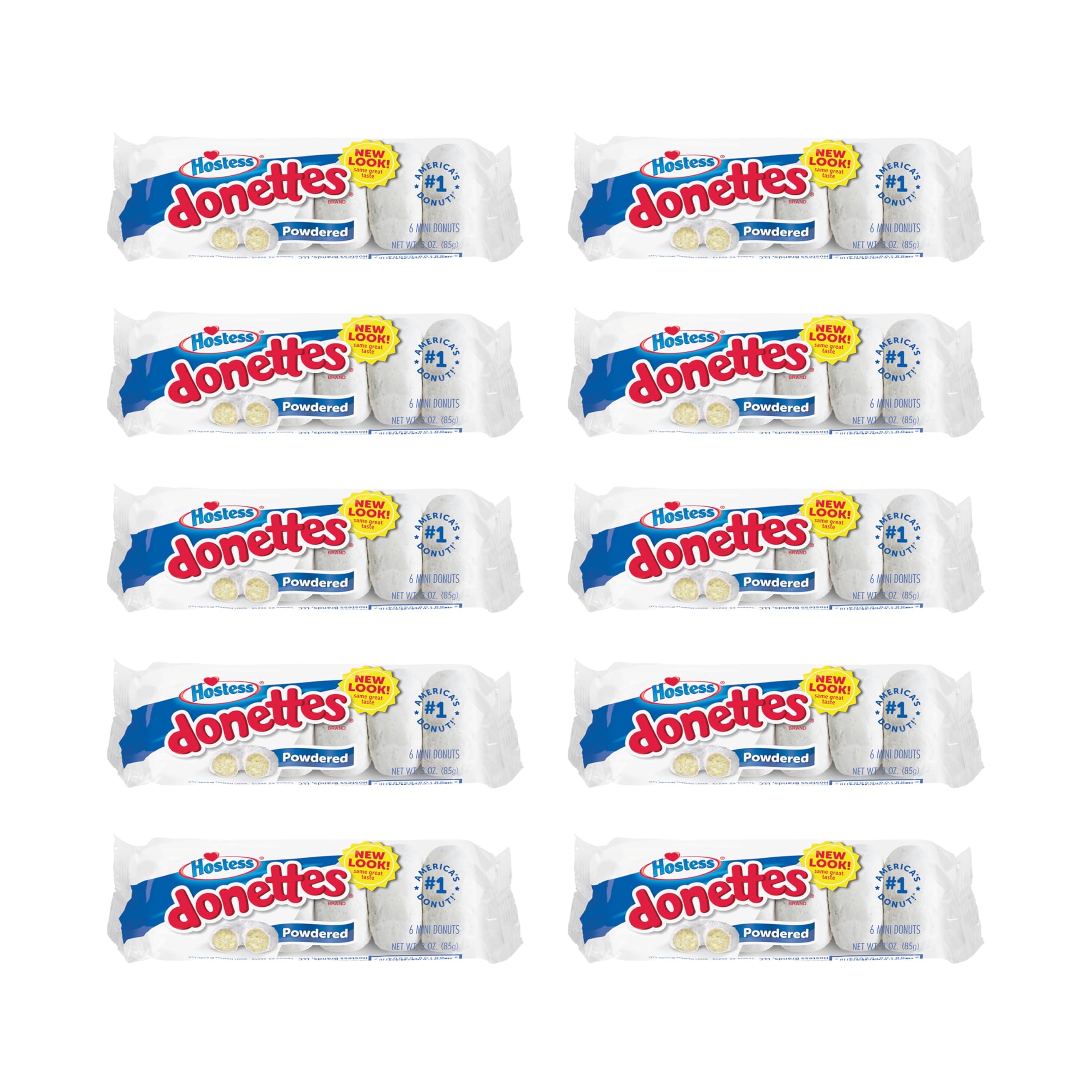 Hostess front packaging showing ten single-serve powdered Donettes, convenient grab-and-go