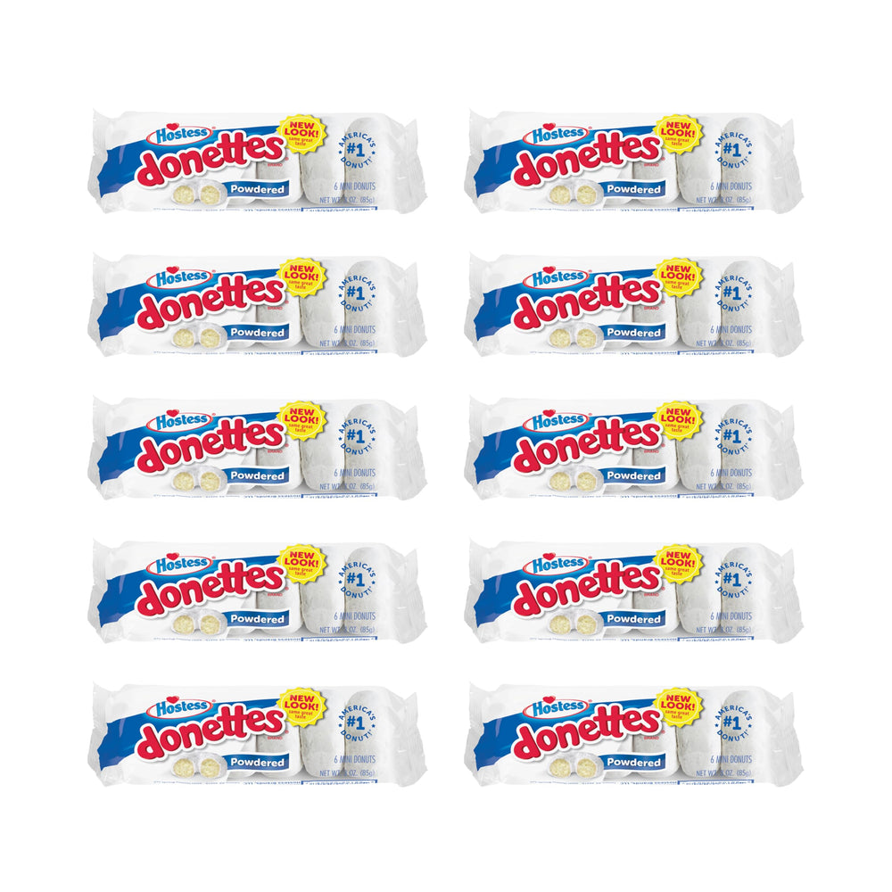 Hostess front packaging showing ten single-serve powdered Donettes, convenient grab-and-go