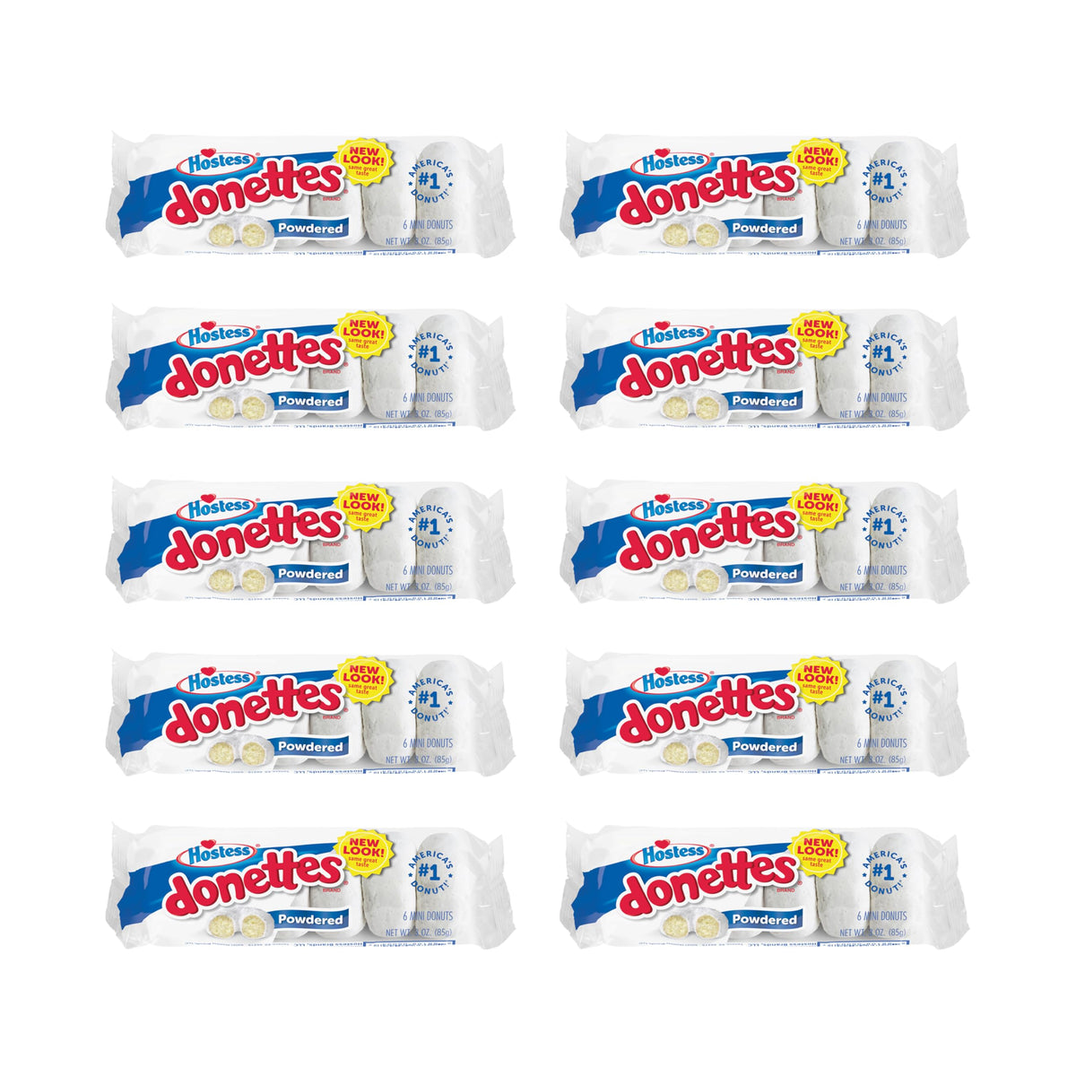Hostess front packaging showing ten single-serve powdered Donettes, convenient grab-and-go