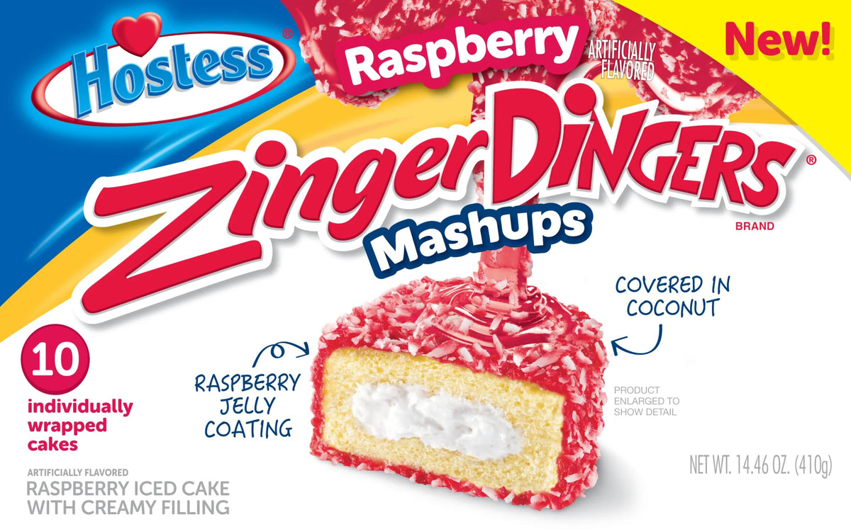 Hostess Raspberry ZingerDingers front packaging showing bright raspberry filling and snack convenience