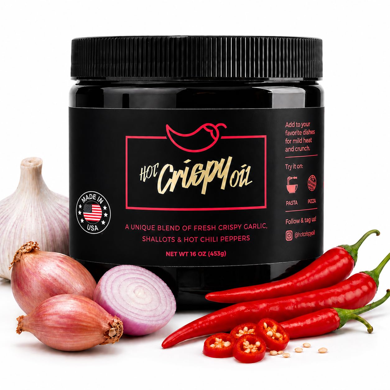 Hot Crispy Oil Hot Tub front packaging showing jar and label benefits