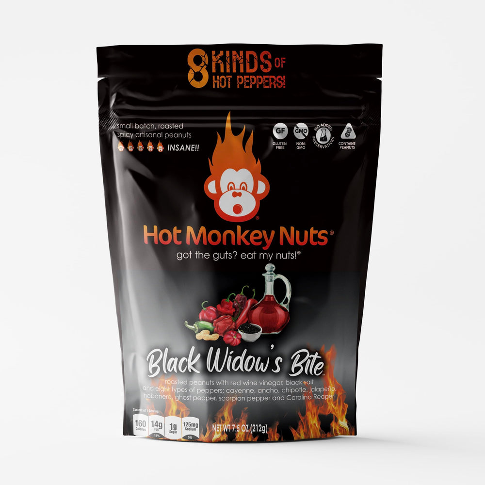 Hot Monkey Nuts front packaging showing bold Black Widow's Bite branding and heat appeal