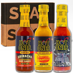 Hot Ones front packaging trio showing three bottles and brand for gifting appeal