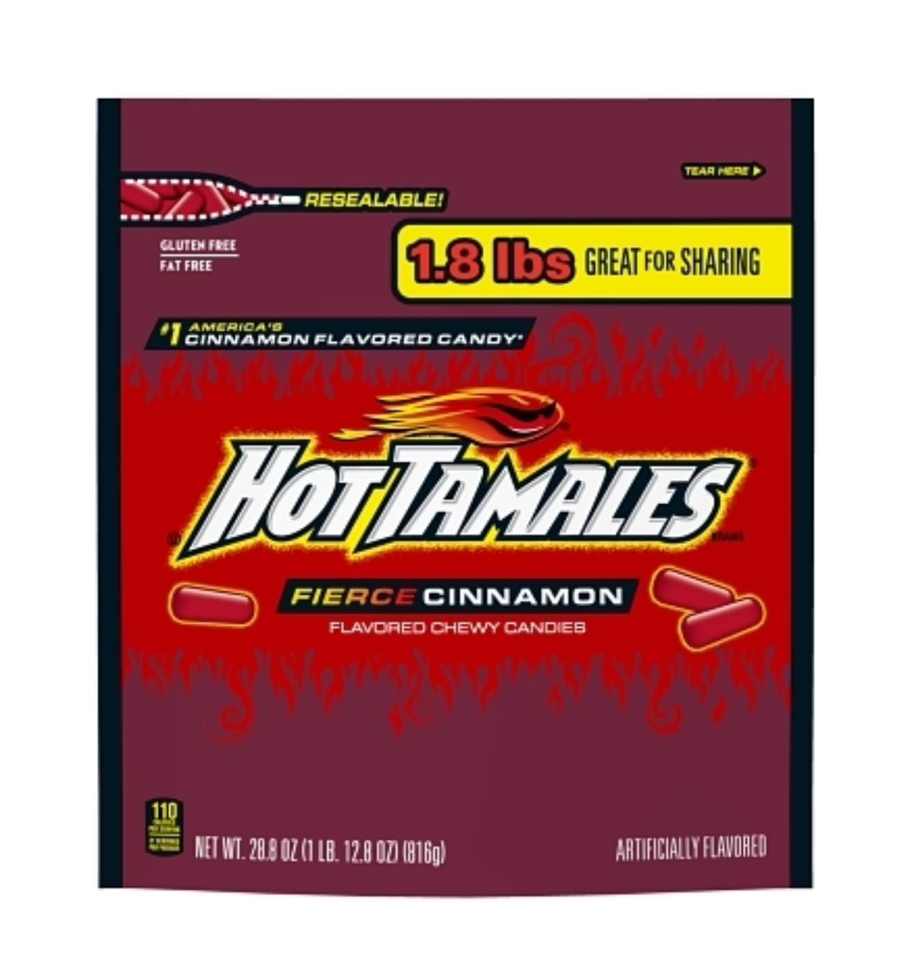 HOT TAMALES front packaging showing bold branding and resealable bag benefit