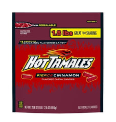 HOT TAMALES front packaging showing bold branding and resealable bag benefit