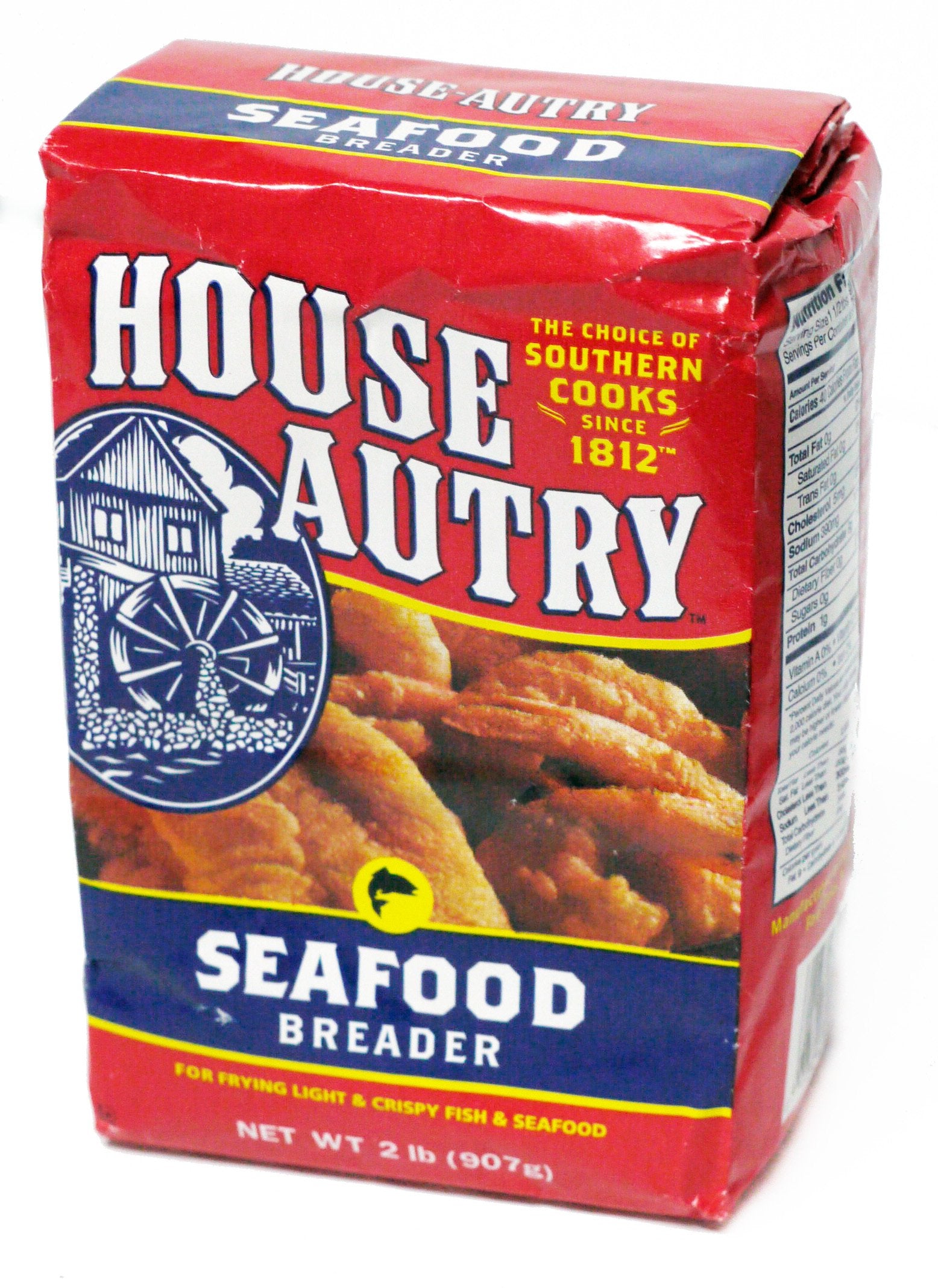 House-Autry front packaging showing 2 lb bag and crisp fried seafood benefit