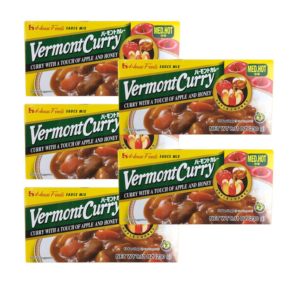 House Foods Vermont Curry Medium Hot front packaging showing block and serving suggestion benefits