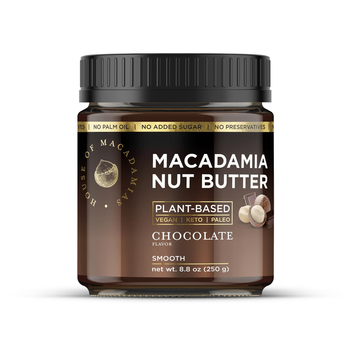 House of Macadamias jar front view showing chocolate macadamia butter benefit rich flavor