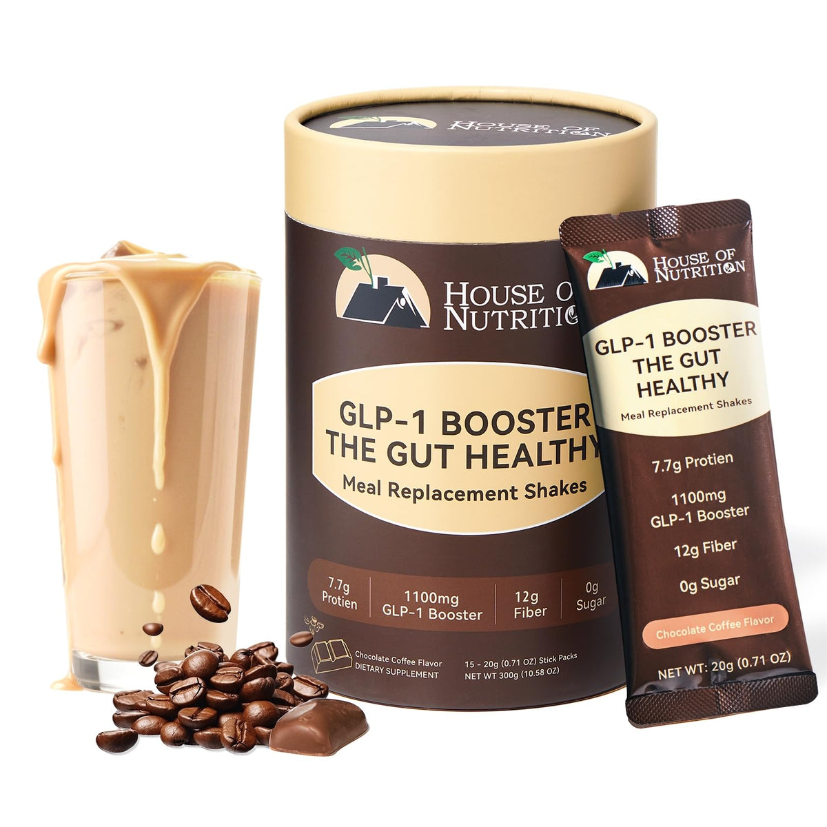 House of Nutrition front packaging showing GLP-1 shake benefits and portability