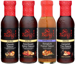 House of Tsang front packaging showing four sauces and easy meal versatility