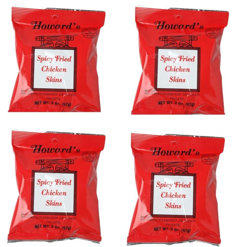 Howard's front packaging showing four 1.5oz spicy chicken skins pouches and bold branding for easy grab-and-go