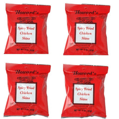 Howard's front packaging showing four 1.5oz spicy chicken skins pouches and bold branding for easy grab-and-go