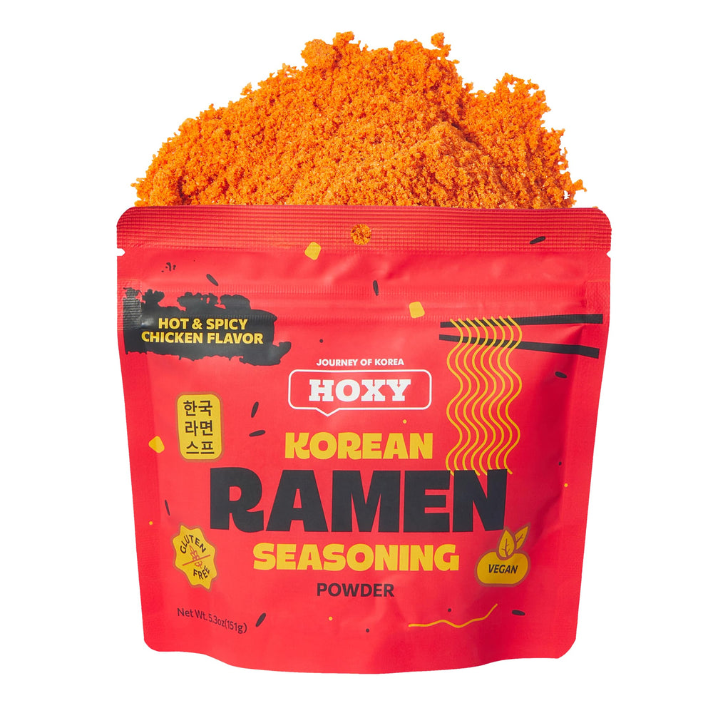 HOXY front pouch showing hot & spicy chicken flavor and resealable benefit