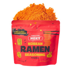 HOXY front pouch showing hot & spicy chicken flavor and resealable benefit