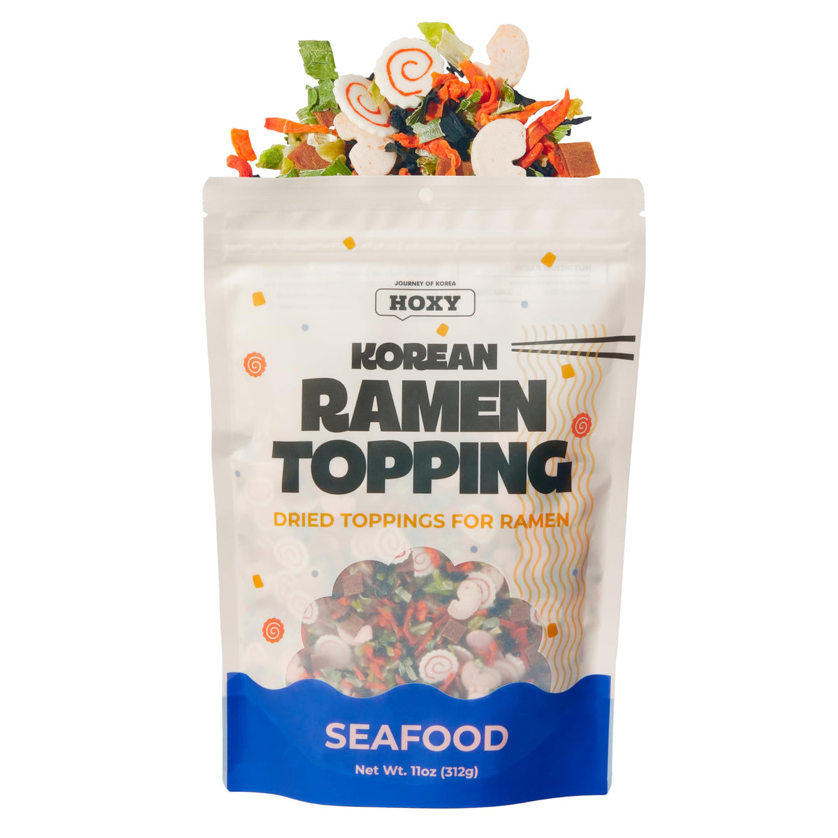 HOXY front packaging showing 11oz seafood dried ramen topping, convenient pantry upgrade