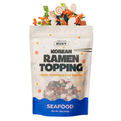HOXY front packaging showing 11oz seafood dried ramen topping, convenient pantry upgrade