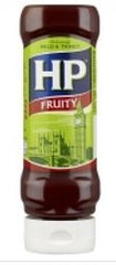 HP Sauce front squeezy bottle showing label and 470g size, easy pouring benefit