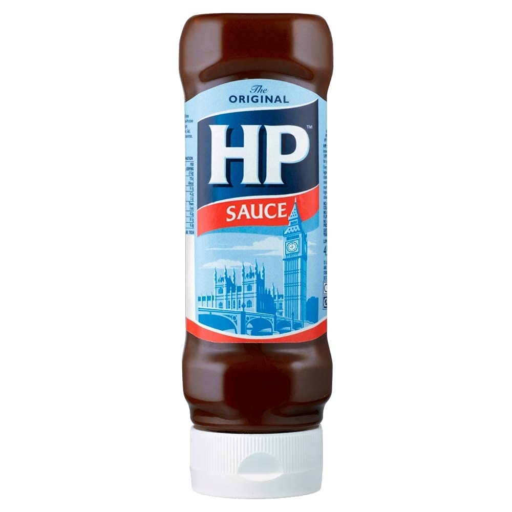 HP Sauce squeezy bottle front view showing label and easy-squeeze benefit