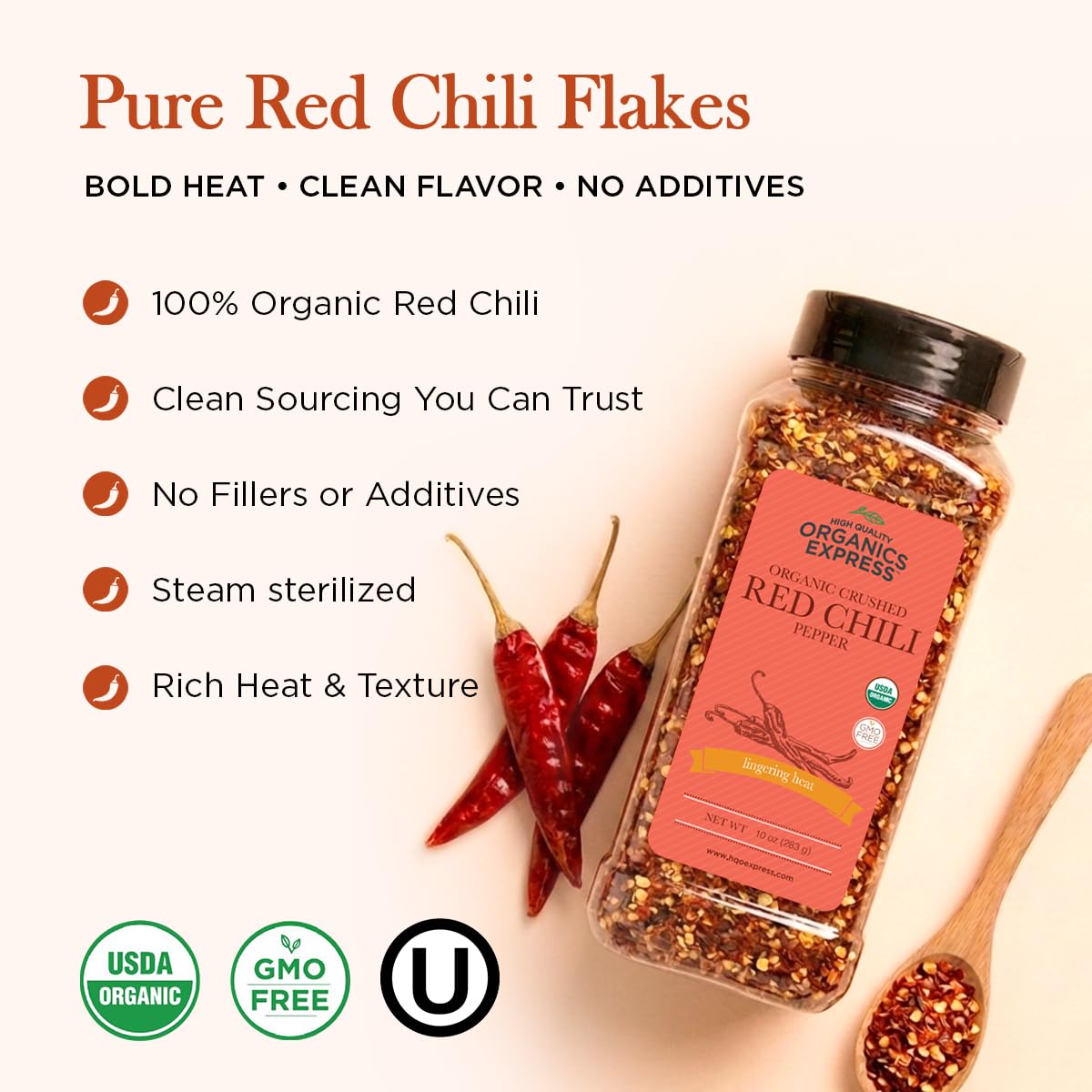 HqO crushed red chili flakes close-up showing vibrant color and heat