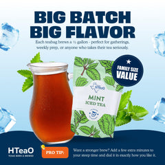 HTeaO brewed pitcher of Black Mint tea chilled for crowd-ready serving convenience