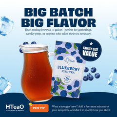 HTeaO pitcher filled with blueberry iced tea demonstrating big-batch serving convenience