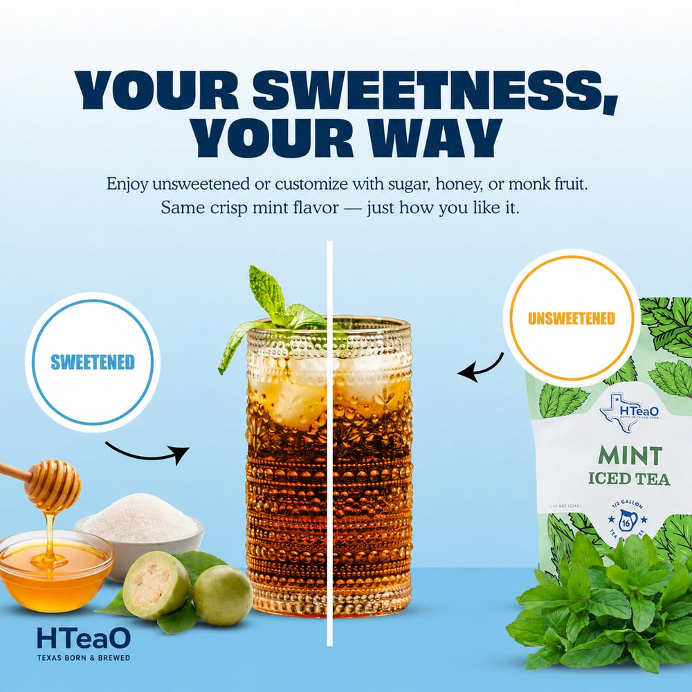 HTeaO size comparison with measuring cup showing half-gallon sachet yield