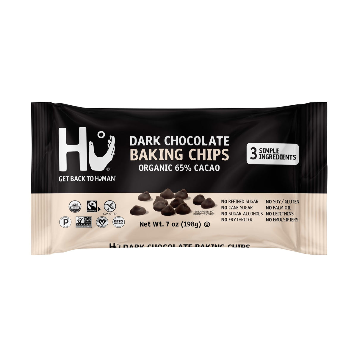 Hu dark chocolate chips front packaging showing organic label and weight for clean choice
