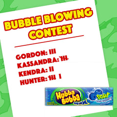 Hubba Bubba bubble being blown by a person demonstrating bubble fun and playful flavor