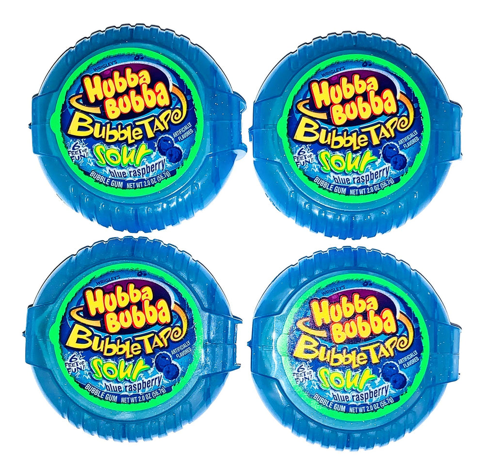 Generic Hubba Bubba front packaging showing spool and bold sour blue raspberry taste