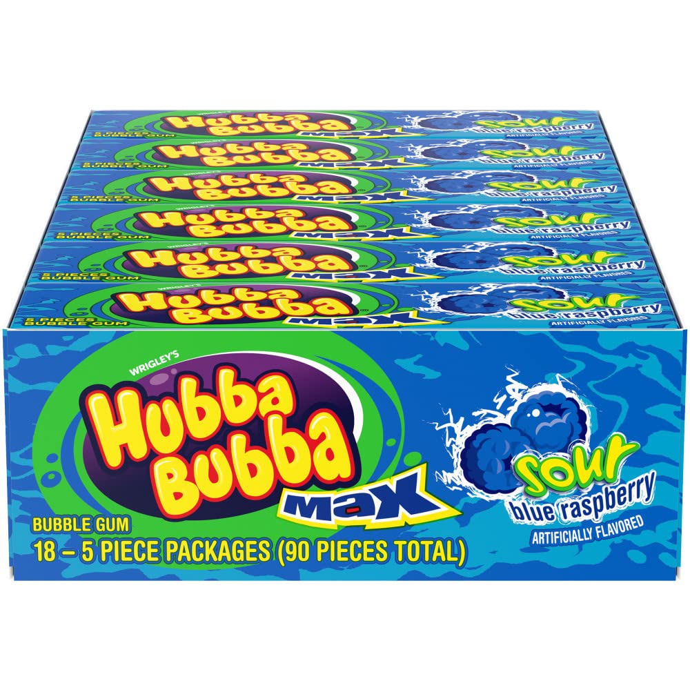 Hubba Bubba front packaging showing 18 slim gum packs and colorful branding benefits easy sharing
