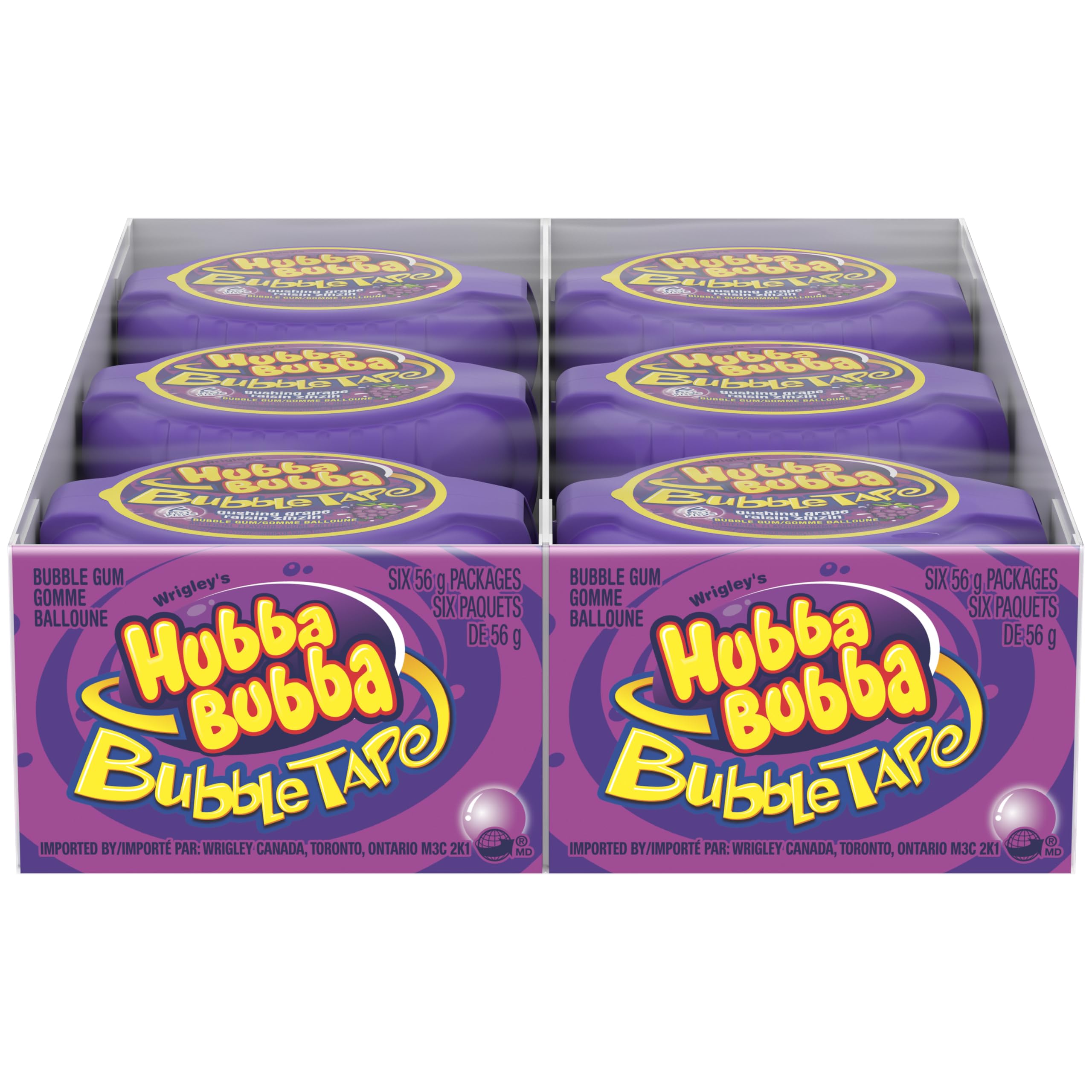 Hubba Bubba front packaging showing 12-roll grape box and brand appeal
