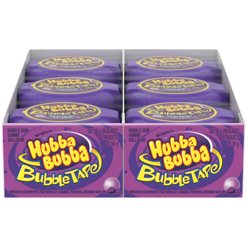 Hubba Bubba front packaging showing 12-roll grape box and brand appeal