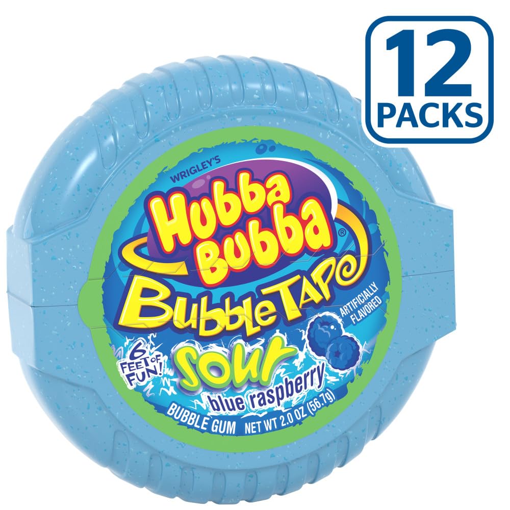 Hubba Bubba unwrapped roll close-up revealing blue raspberry tape and chewable texture