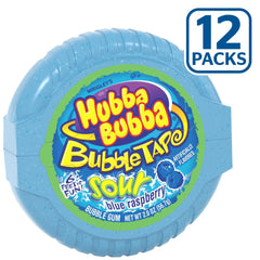 Hubba Bubba unwrapped roll close-up revealing blue raspberry tape and chewable texture