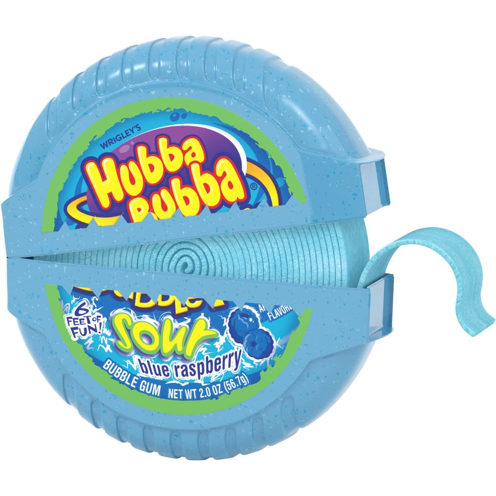 Hubba Bubba gum tape stretched between fingers highlighting pliable texture for bubble practice