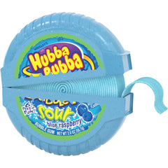 Hubba Bubba gum tape stretched between fingers highlighting pliable texture for bubble practice