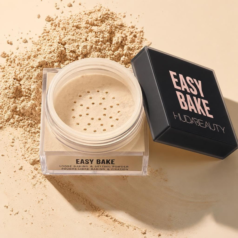 Huda powder close-up texture highlighting fine milled finish and blurring effect