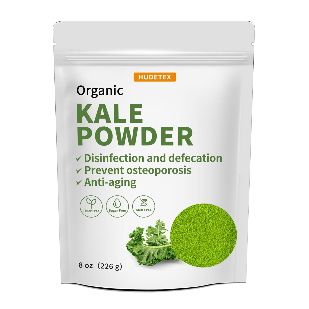 Hudetex front packaging of kale powder showing clean organic branding and convenience