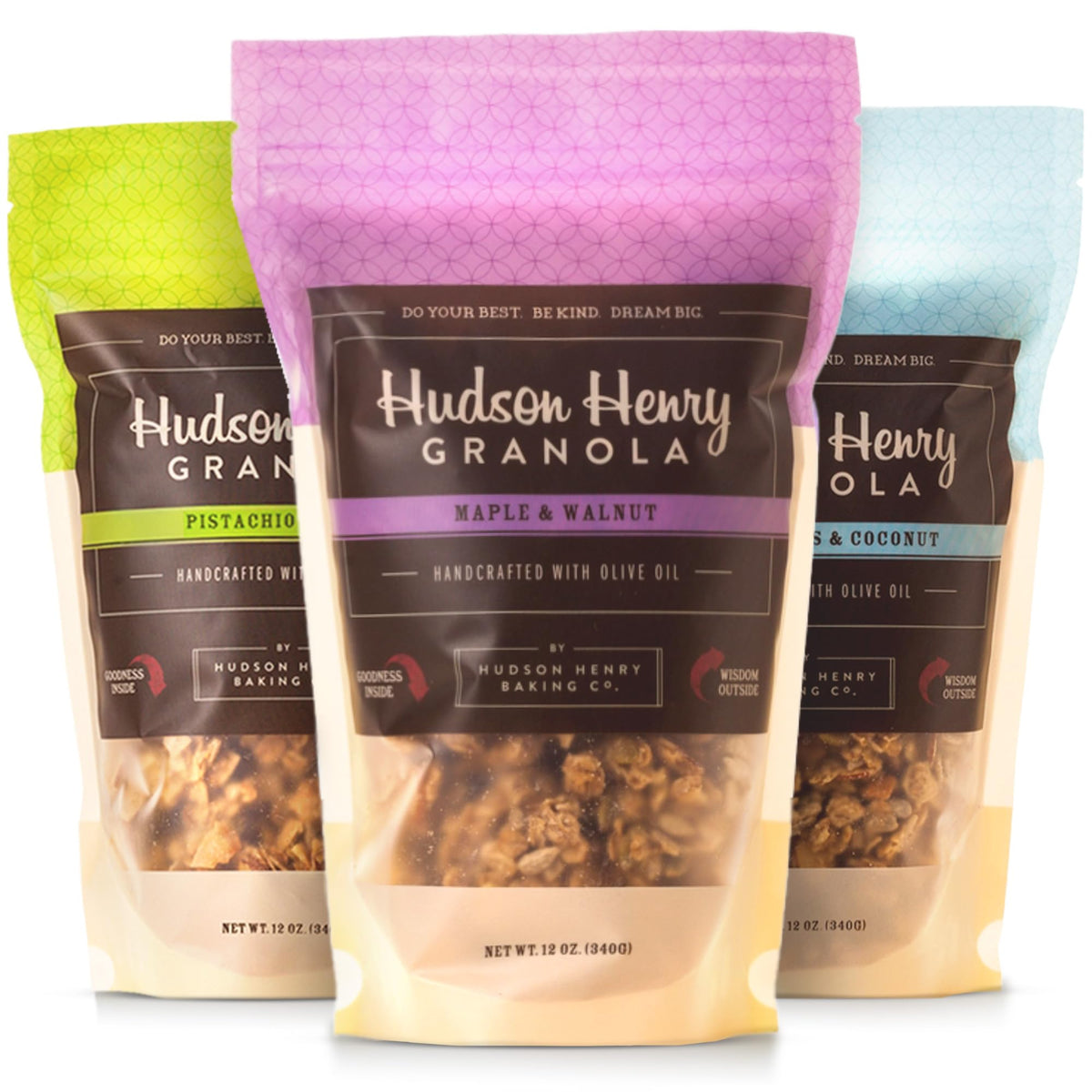Hudson Henry front packaging showing three 12 oz bags for easy pantry stocking