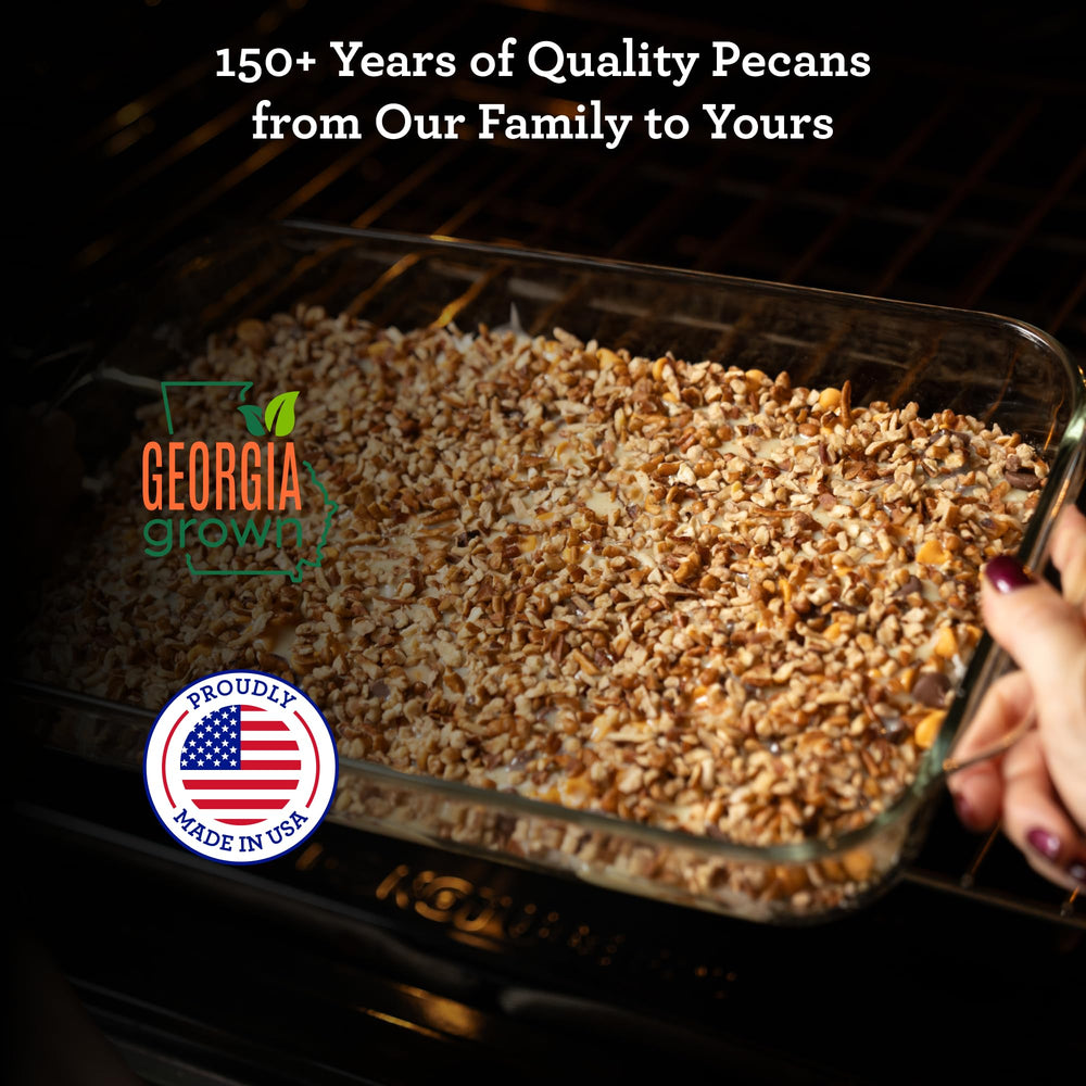Hudson Pecan Company close-up of chopped pecans, showing buttery texture and crunch