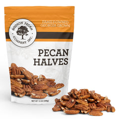 Hudson Pecan Company front pouch showing resealable bag and label benefit