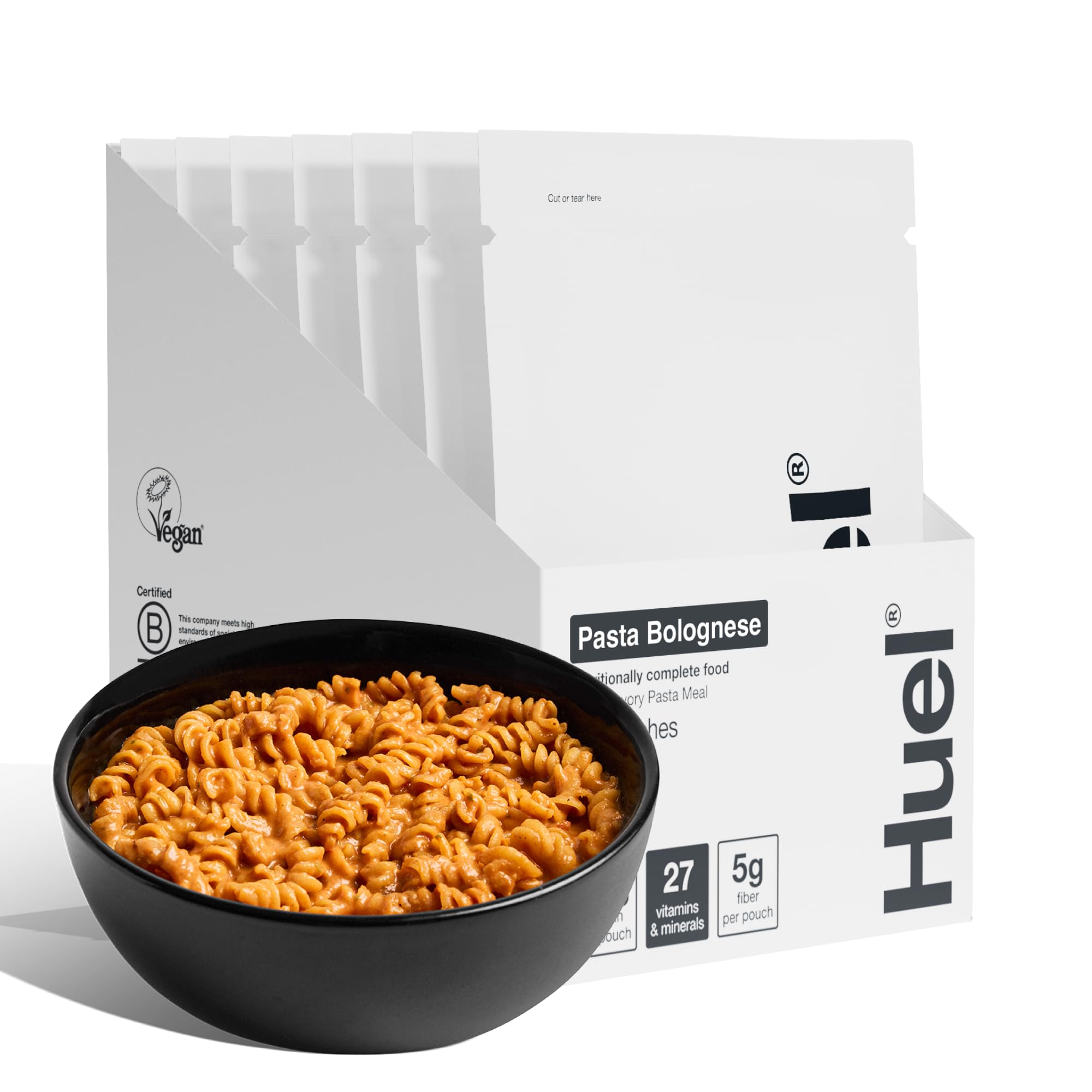 Huel pouch front packaging showing Bolognese flavor and convenience