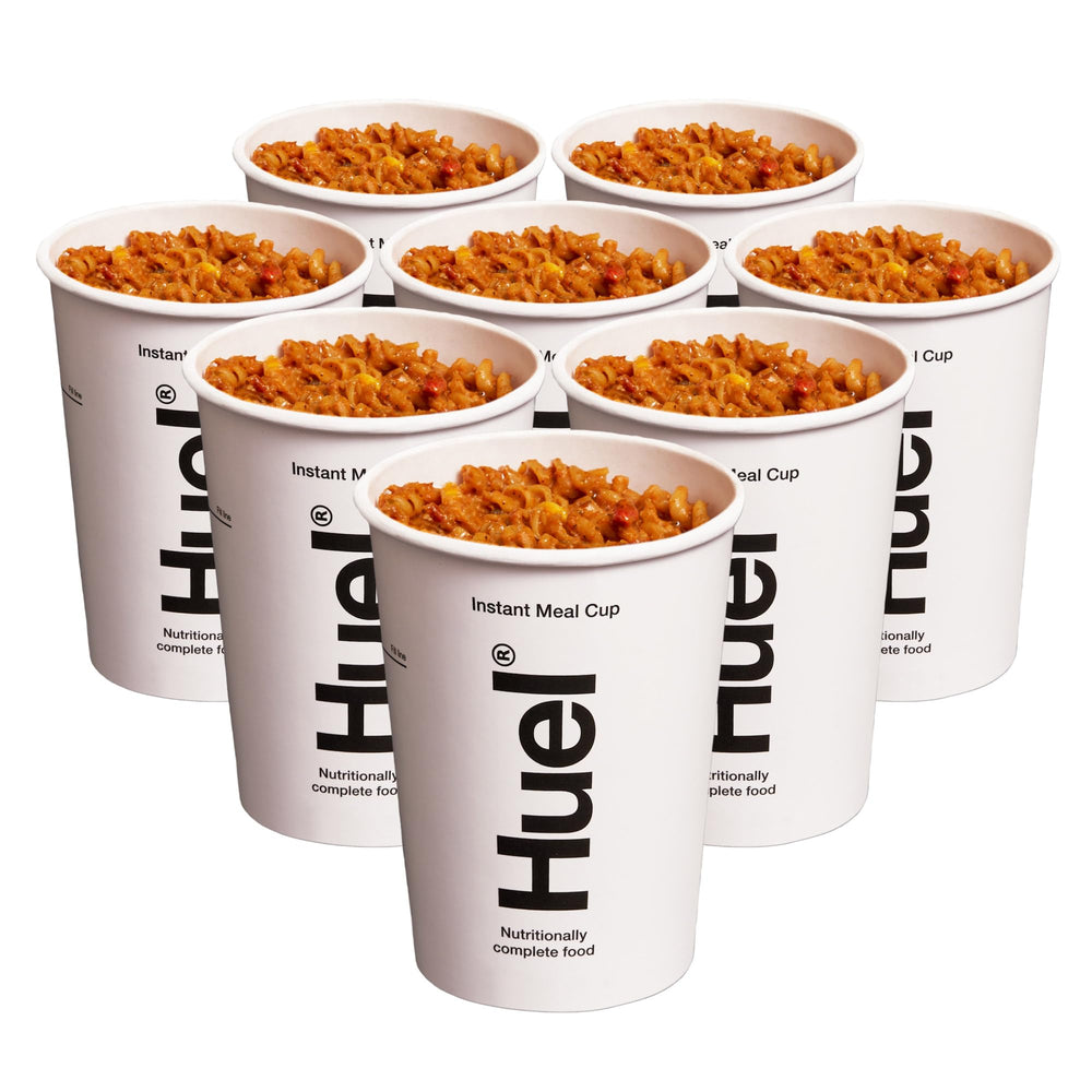 Huel Cajun Pasta open cup with visible ingredients offering instant meal appeal